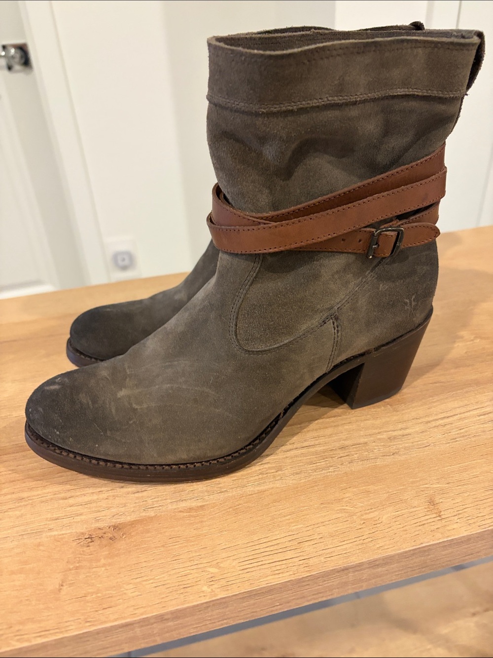 Women's Frye Suede Mid-Calf Heeled Boots in Olive with Brown Strap and Buckle.